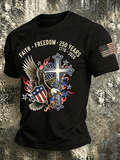 Men's Faith Freedom 250th Anniversary 1776-2026 Eagle Cross American Flag Vintage Graphic Crew Neck T-Shirt