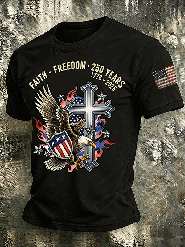 Men's Faith Freedom 250th Anniversary 1776-2026 Eagle Cross American Flag Vintage Graphic Crew Neck T-Shirt