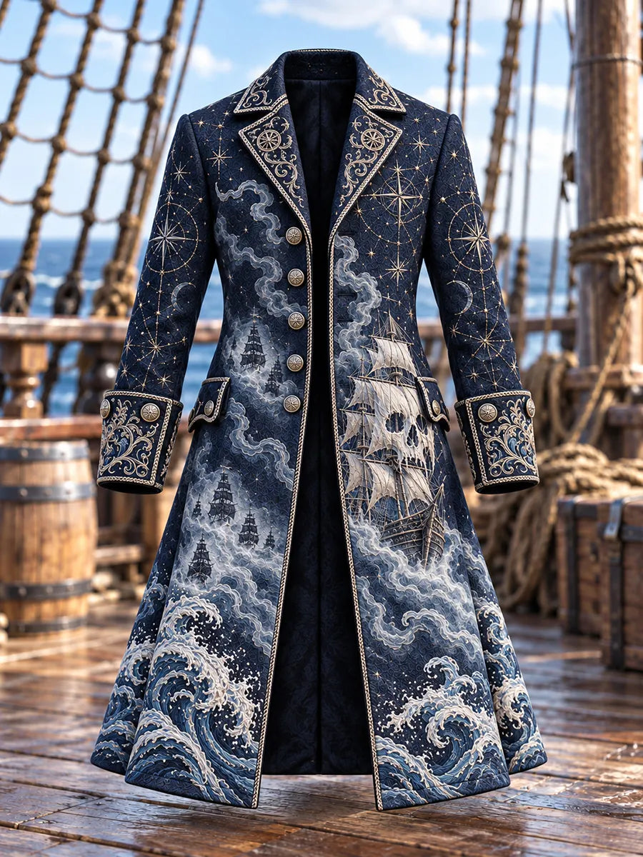 🌊 Men's Ghost Ship & Ocean Waves Pirate Coat