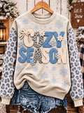 ❄️ "Cozy Season" Blue Knit Chenille Lettering Beige Sweatshirt