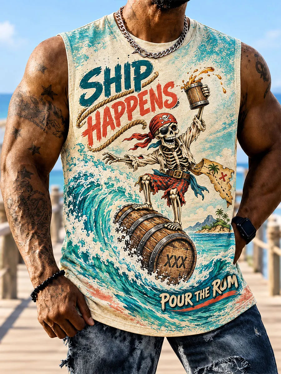 Men’s Ship Happens, Pour the Rum Pirate Skull Sleeveless T-Shirt