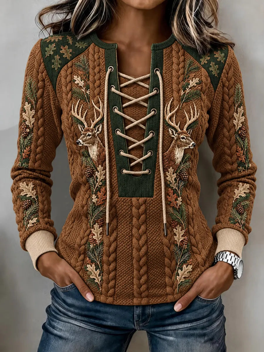 Women's Vintage Retro Hunting Culture Print Stitch-Detail Sweatshirt