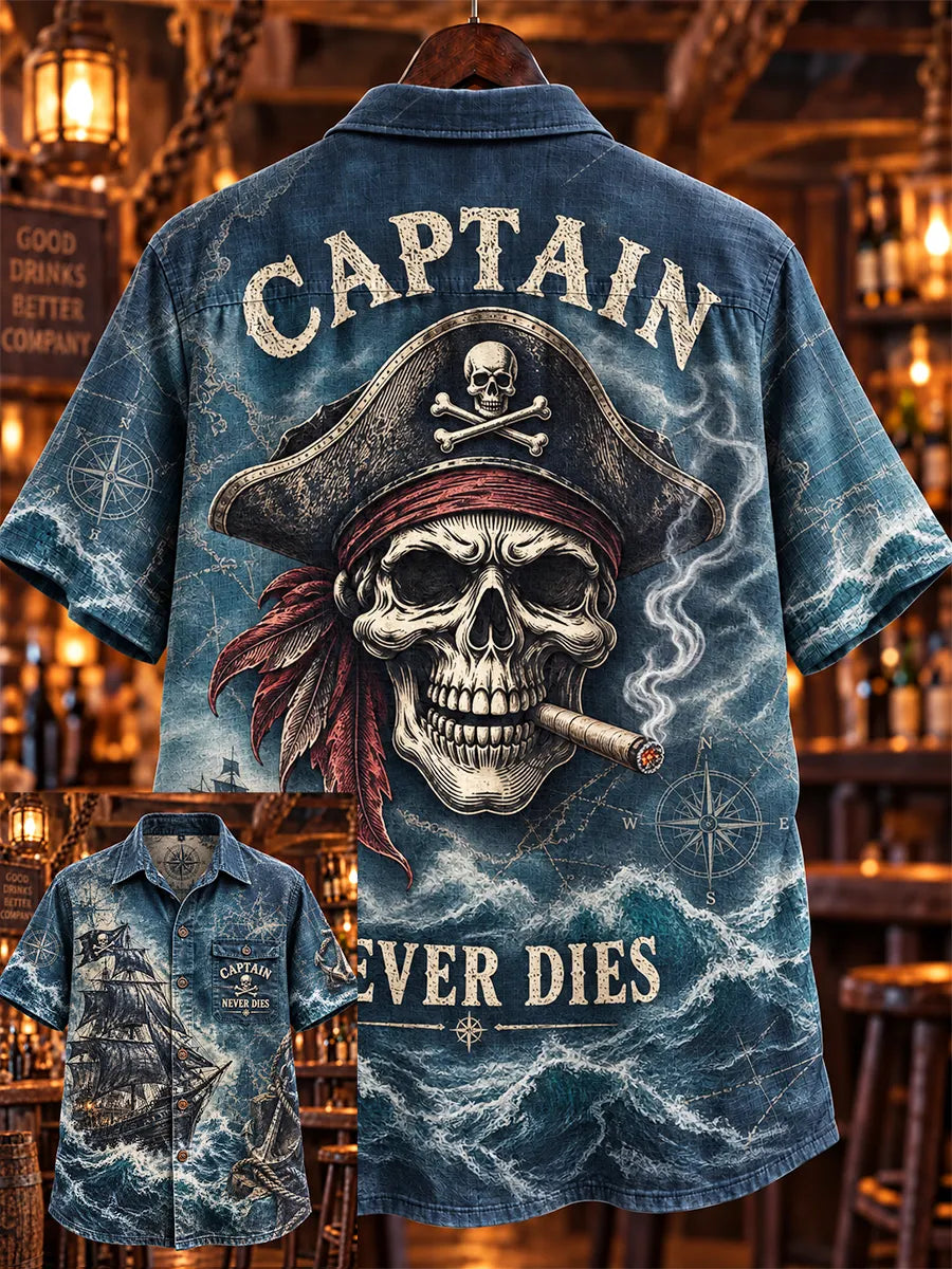 🏴‍☠️ 💀"Captain Never Dies" Vintage Pirate Skull Denim Shirt⚓