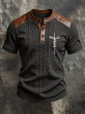 Men'S Faith Cross Knitted Jacquard Leather Henley Button Top