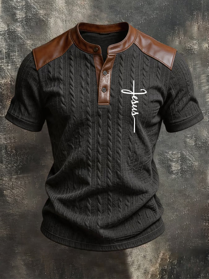 Men'S Faith Cross Knitted Jacquard Leather Henley Button Top