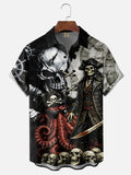 Moisture-Wicking Gradient Pirate Octopus & Skull Chest Pocket Hawaiian Shirt