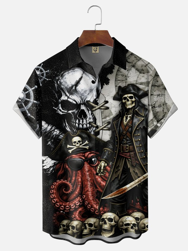 Moisture-Wicking Gradient Pirate Octopus & Skull Chest Pocket Hawaiian Shirt