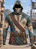 Vintage Pirate Skull Costume Print Hooded Long Sleeve Shirt – Men's Gothic Pirate Style