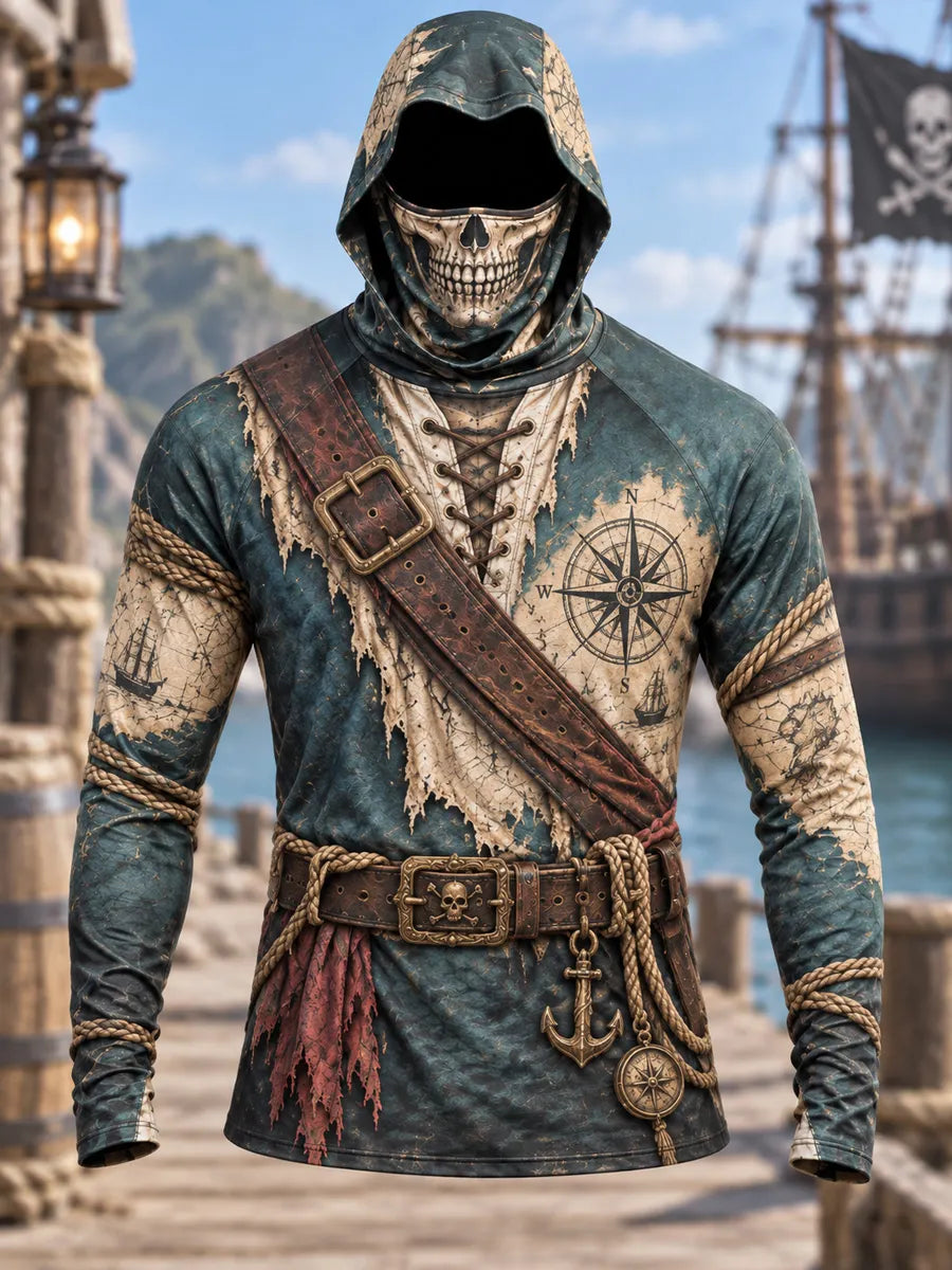 Vintage Pirate Skull Costume Print Hooded Long Sleeve Shirt – Men's Gothic Pirate Style