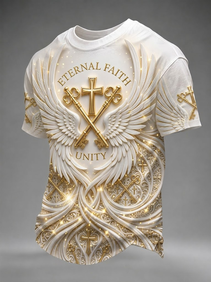 Men's Religion Print Short Sleeve Crew Neck Casual T-shirt