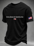 Men'S loves Jesus & America too 250 Years American Flag Sleeve Print Crew Neck Tee