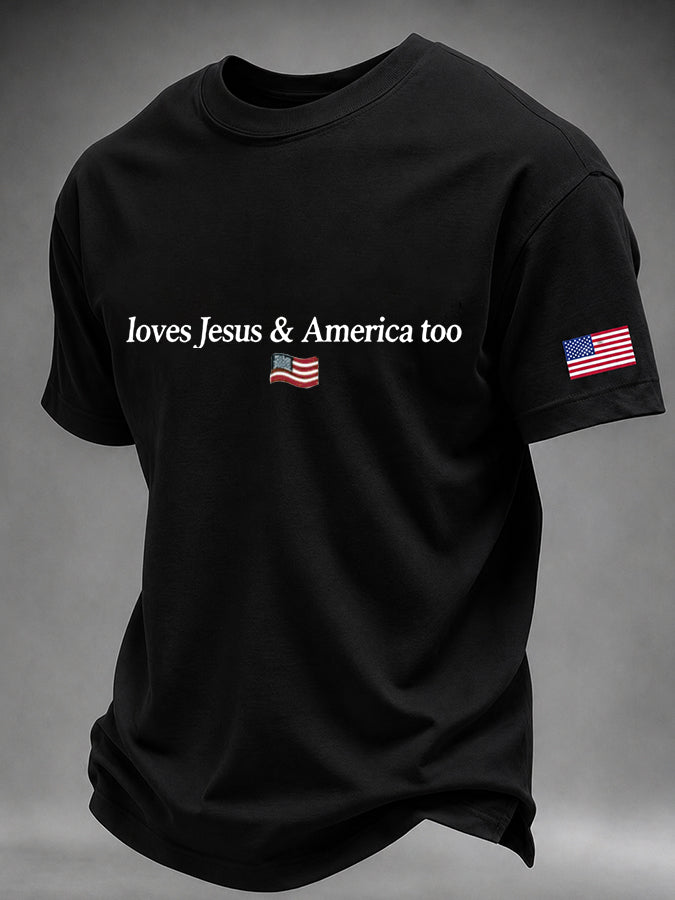 Men'S loves Jesus & America too 250 Years American Flag Sleeve Print Crew Neck Tee