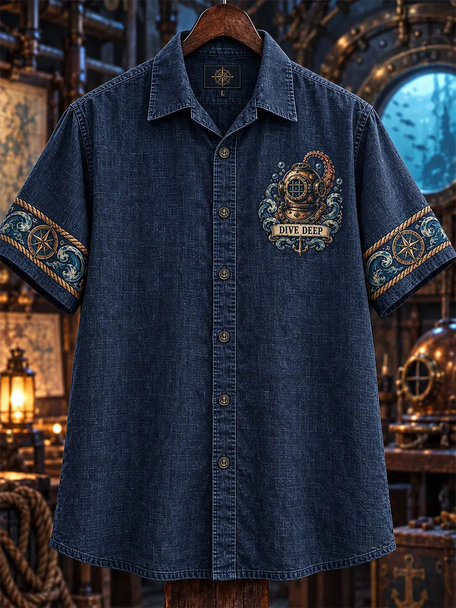 Men’s Vintage Kraken & Skeleton Diver Nautical Short-Sleeve Shirt