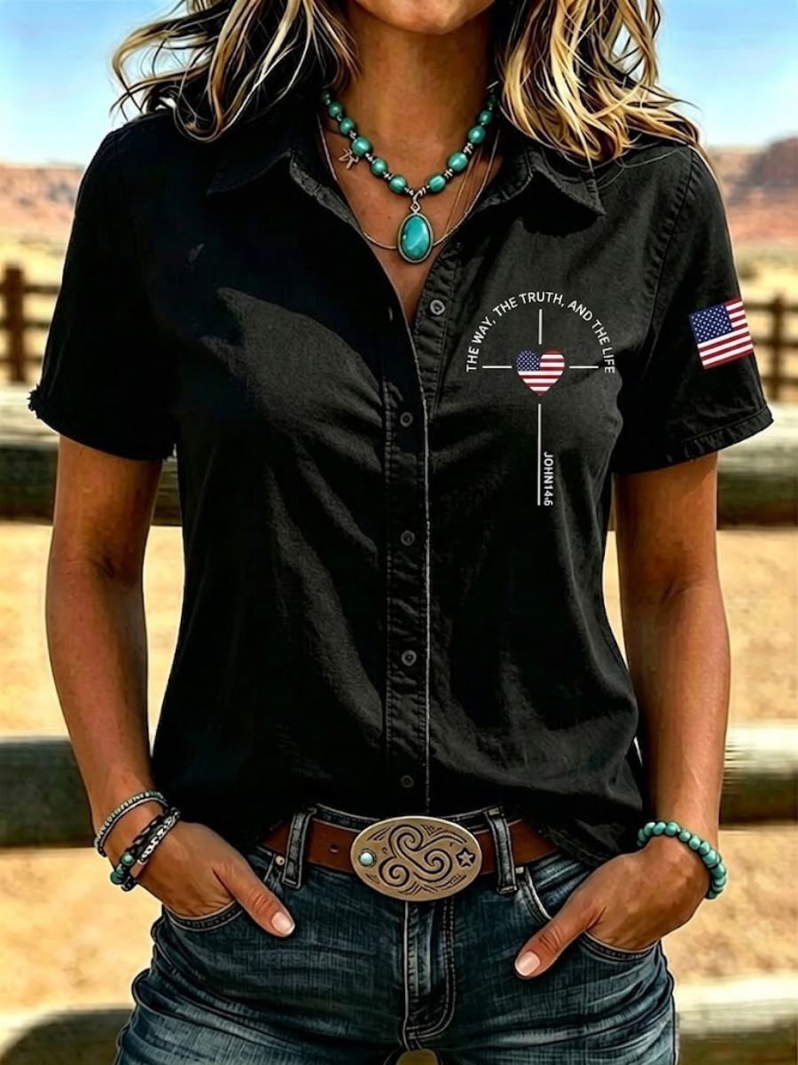 Women'S Belief Retro Western Style Printed Short Sleeved Shirt