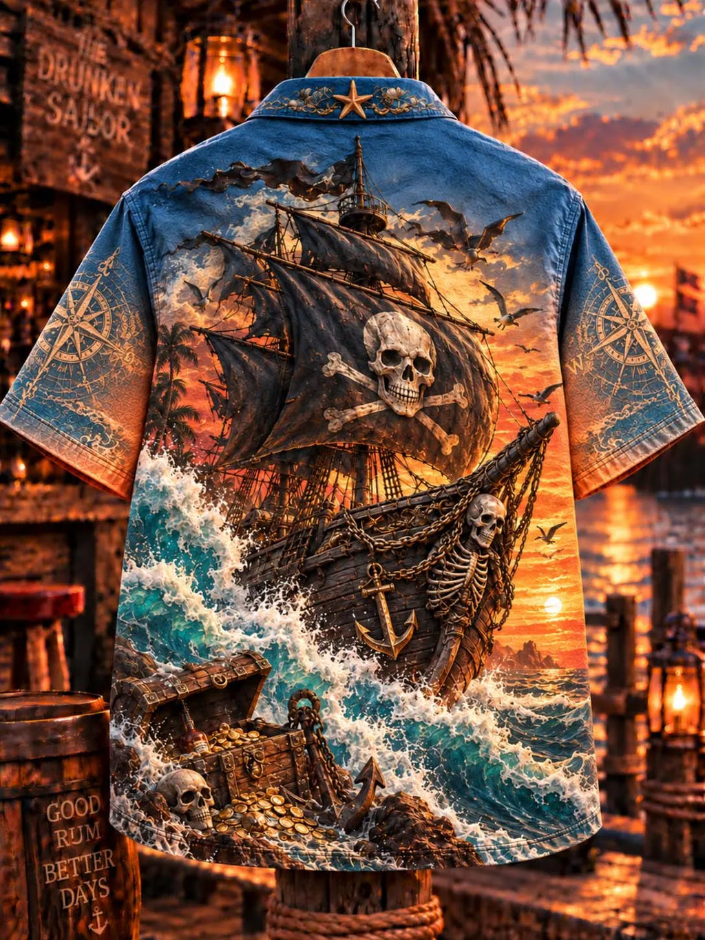 🏴‍☠️ Pirate Ship Skeleton and Treasure Chest Hawaiian Shirt