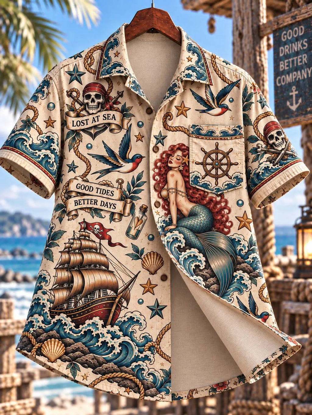 🌊 Lost At Sea Good Tides Better Days Retro Tattoo Style Mermaid Shirt
