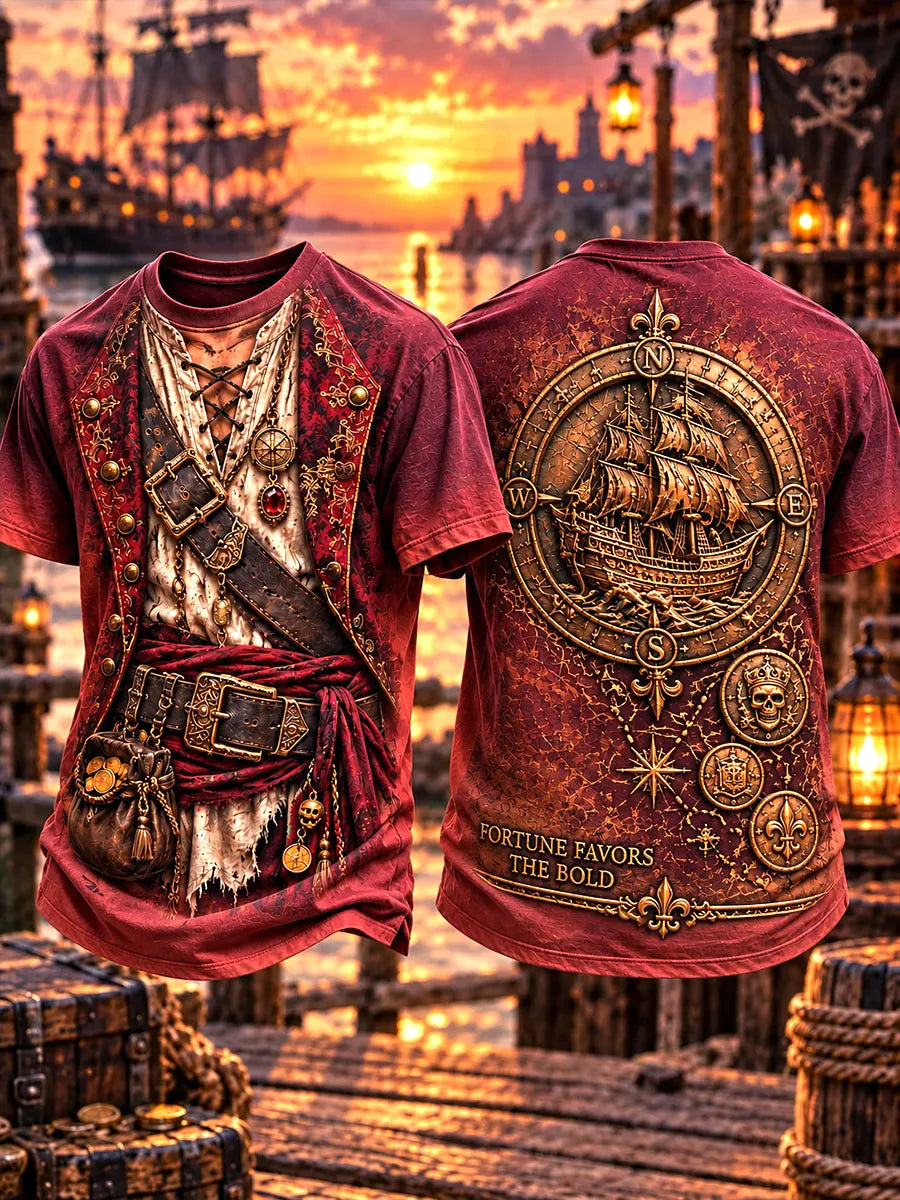 Vintage Red & Gold Pirate Captain Compass Ship Men’s T-Shirt