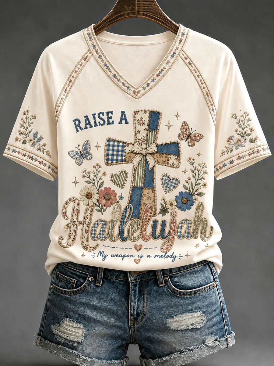 Women'S Patch Cross Printed Casual T-Shirt