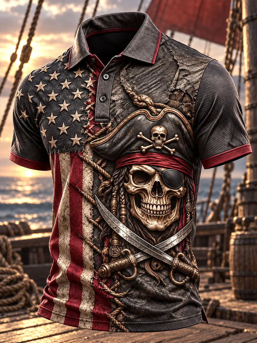 Vintage Stars & Stripes Pirate Skull Crossed Swords Polo Shirt