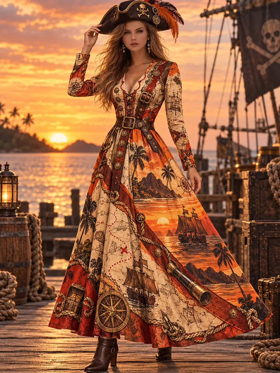 Elegant Women's Pirate Art Print Dress