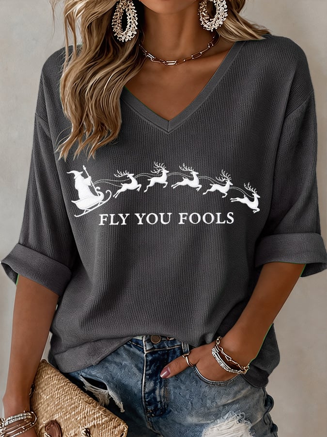 V-Neck Retro Funny Christmas Fly You Fools Reindeer Holiday Season Print T-Shirt