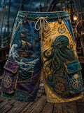 Men's Cthulhu Dark Octopus And Nautical Pirate Ship Print Drawstring Cargo Shorts
