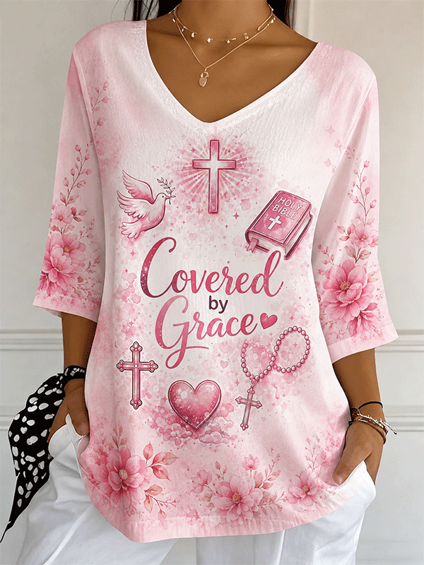 Women'S Covered By Grace Pink Floral Dove Bible Cross Print Blouse