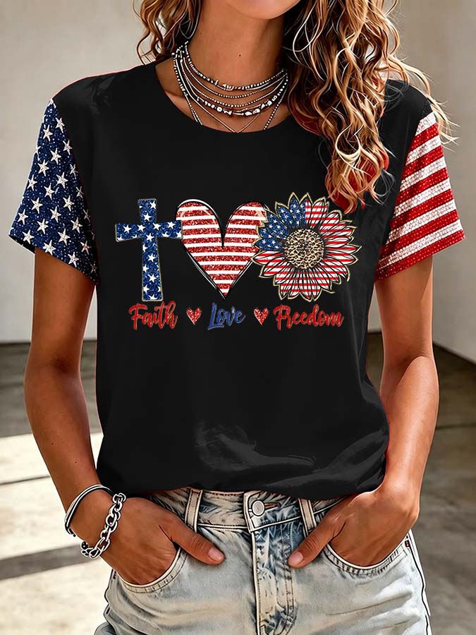 Women'S American Flag Cross Casual Round Neck T-Shirt