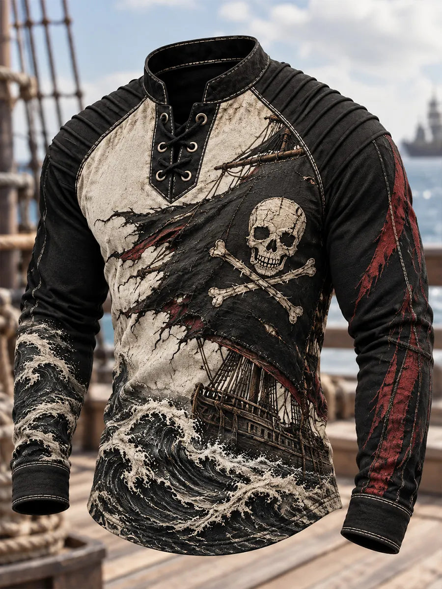 🏴‍☠️ Men's Tattered Skull Pirate Flag & Ocean Henley Shirt