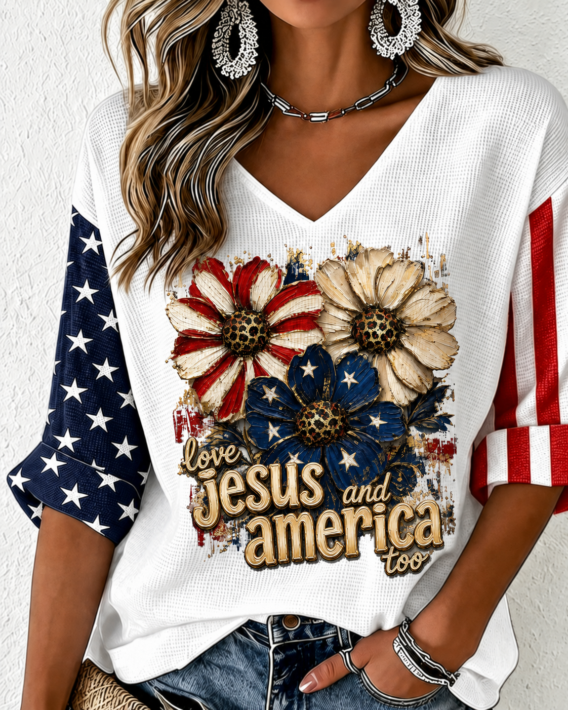 Women'S Love Jesus And America Too Printed Waffle T-Shirt