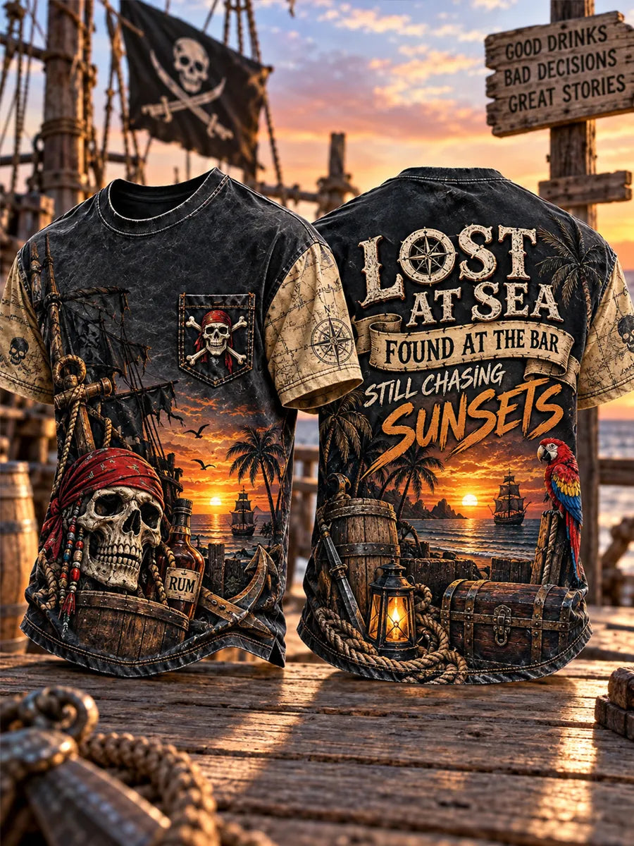 Men’s Lost at Sea Found at the Bar Sunset Pirate Graphic Pocket T-Shirt