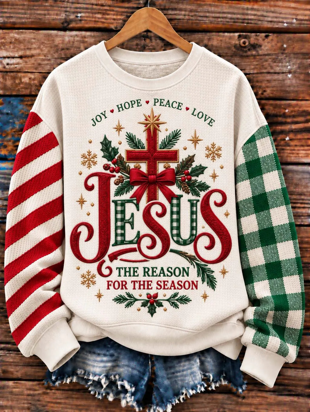 🕊️ "Jesus Is The Reason For The Season" Cross & Mismatched Sleeves Sweatshirt