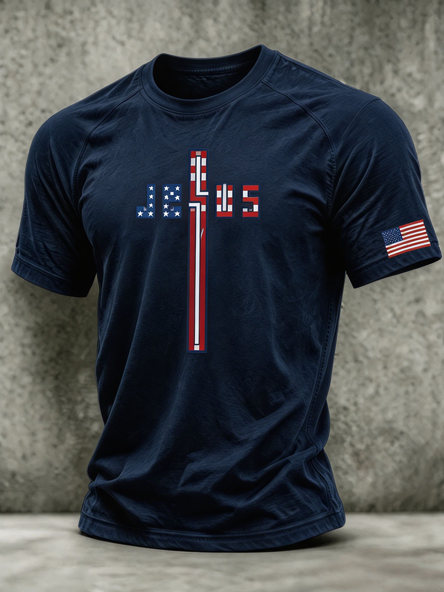 Men's American Flag Jesus Cross Print T-Shirt With Flag Sleeve Detail