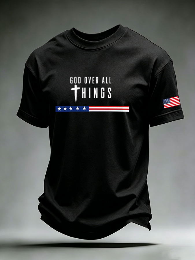 Men's God Over All Things Cross Star Stripe USA Flag Sleeve Patch Crew Neck Casual Short Sleeve Cotton T-Shirt