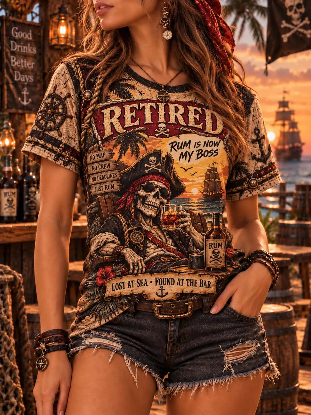 🥃 "Rum Is My Boss" Retired Pirate Skeleton & Sea Map T-Shirt