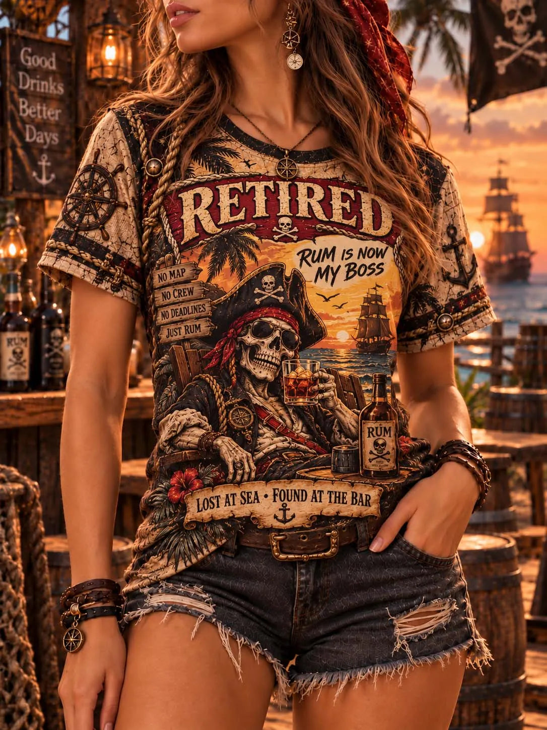 🥃 "Rum Is My Boss" Retired Pirate Skeleton & Sea Map T-Shirt