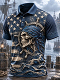 Navy Pirate Skull Ship Wheel & Waves Men's Polo Shirt