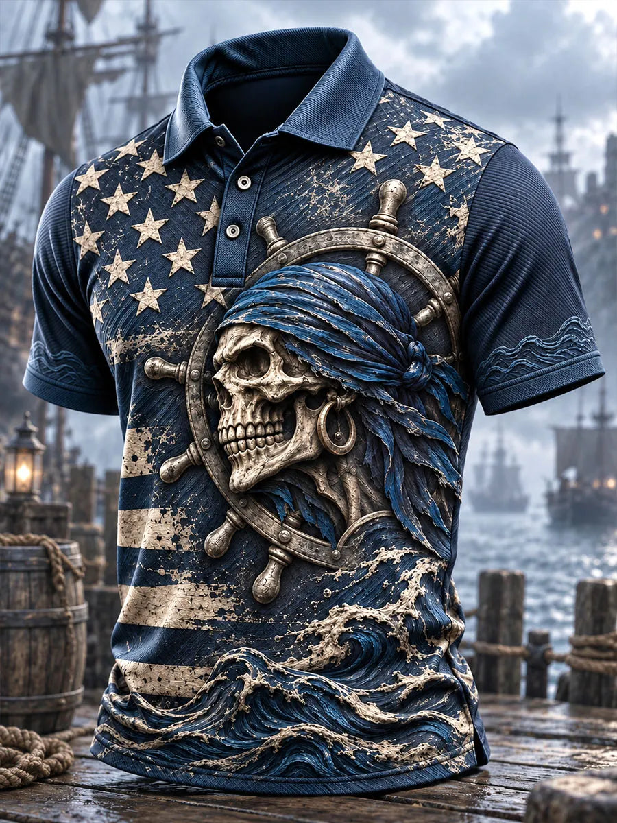 Navy Pirate Skull Ship Wheel & Waves Men's Polo Shirt