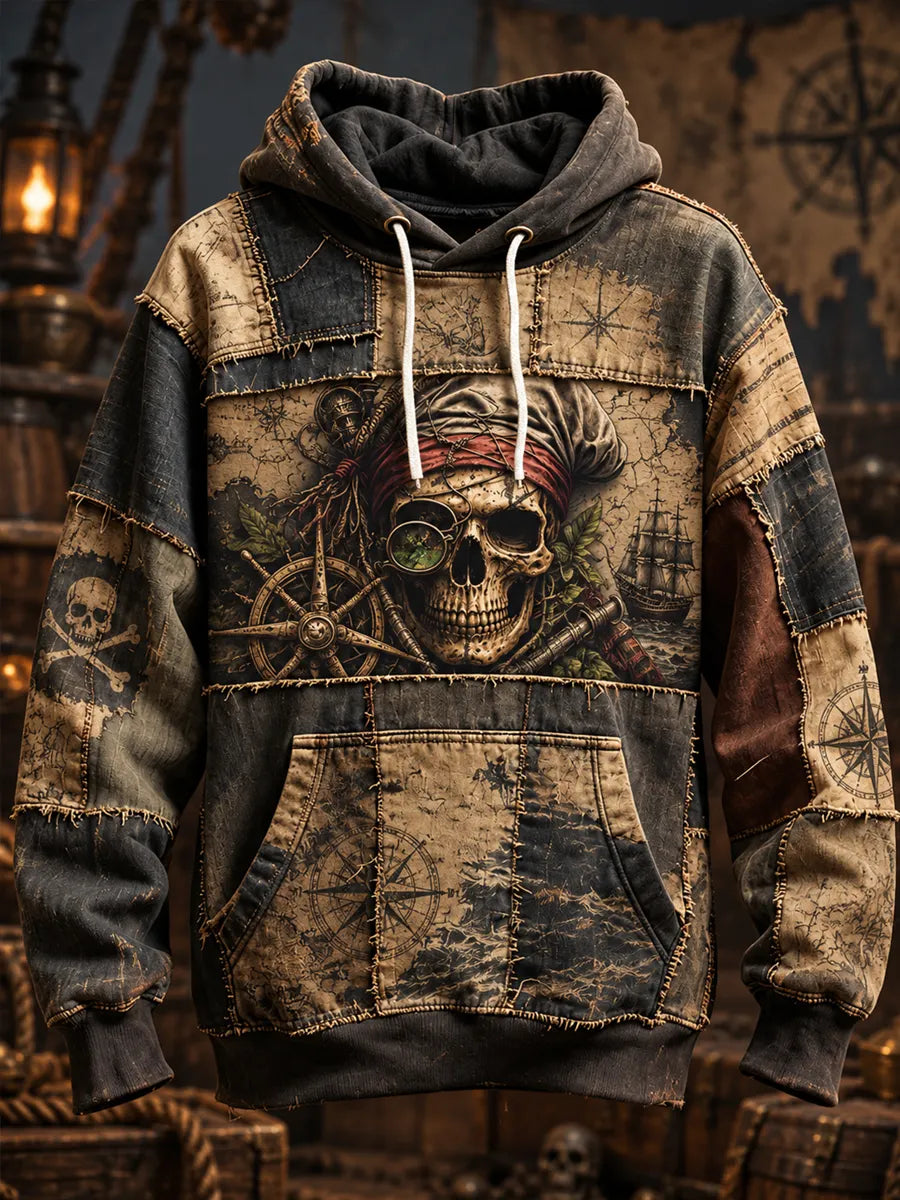 Men's Vintage Pirate Skull Art Print Casual Hoodie