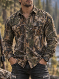 Vintage Hunting Culture Print Long Sleeve Button-Front Shirt