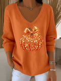 Women's Sequined Pumpkin Print Knit V-Neck Top