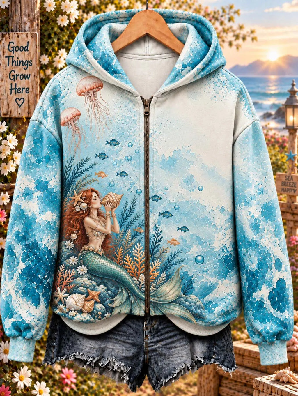 🧜‍♀️ Watercolor Mermaid Sea Breeze Zip-Up Hoodie