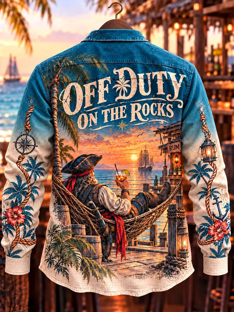 Men's Vintage Tropical Island Pirate Print Casual Long Sleeve Shirt