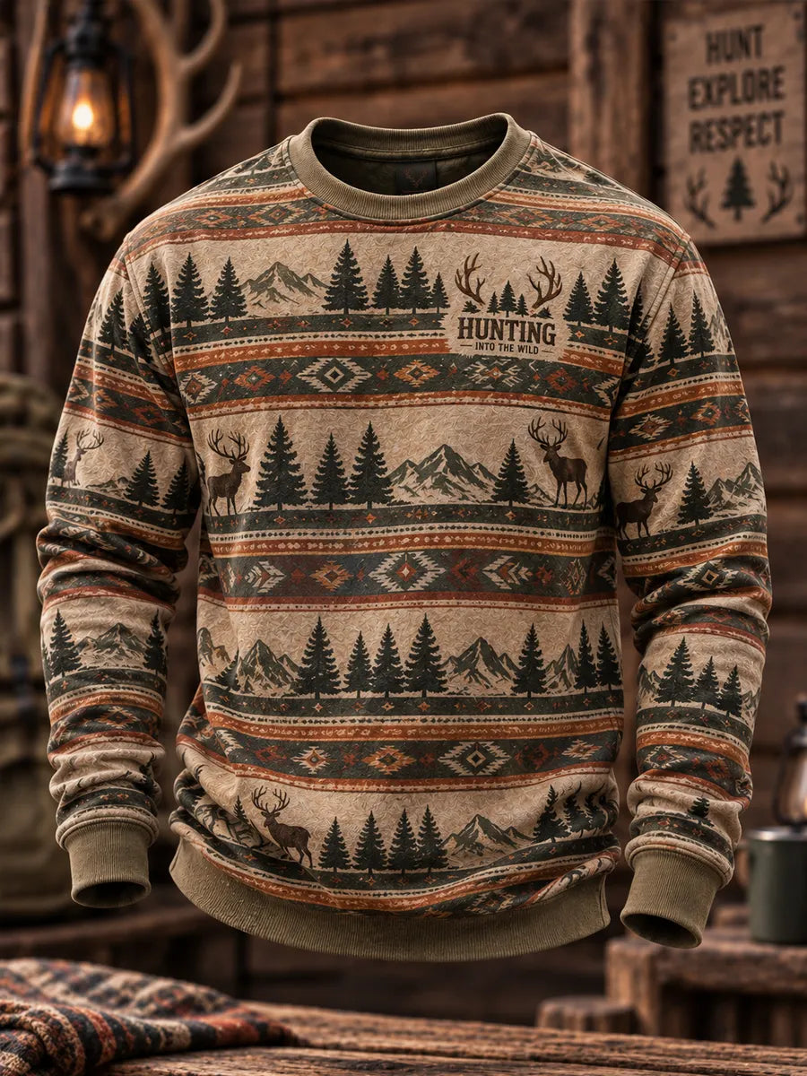 Retro Hunting Culture Print Crew Neck Sweatshirt