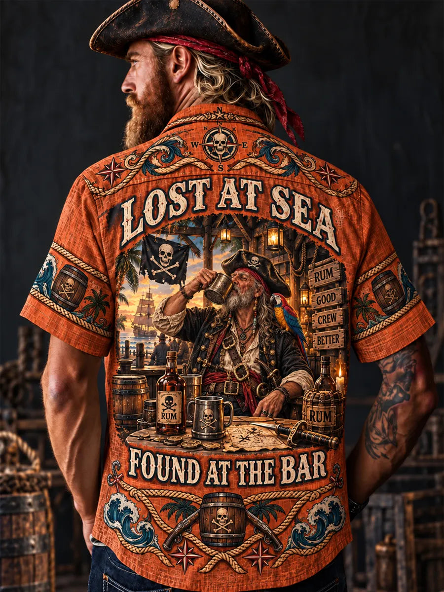 Men’s Vintage  "LOST AT SEA " Old Salt Pirate Short Sleeve Shirt