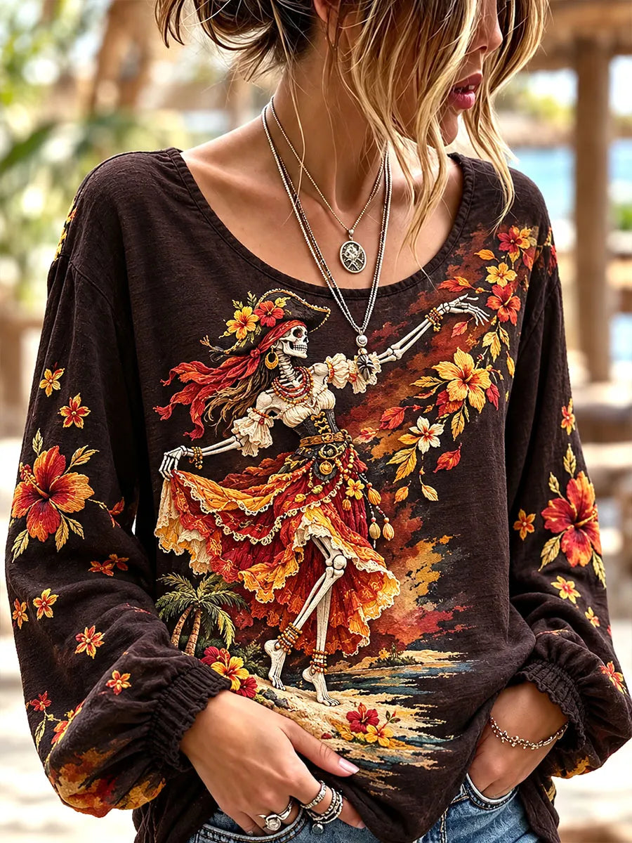 Dancing Pirate Skeleton Floral Long Sleeve Top
