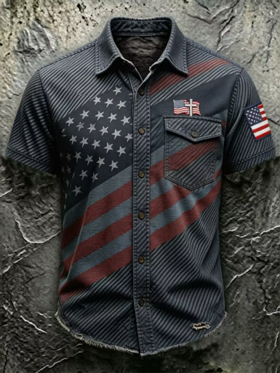 Men'S Casual American 250Th Anniversary Edition Printed Pocket Short Sleeved Shirt