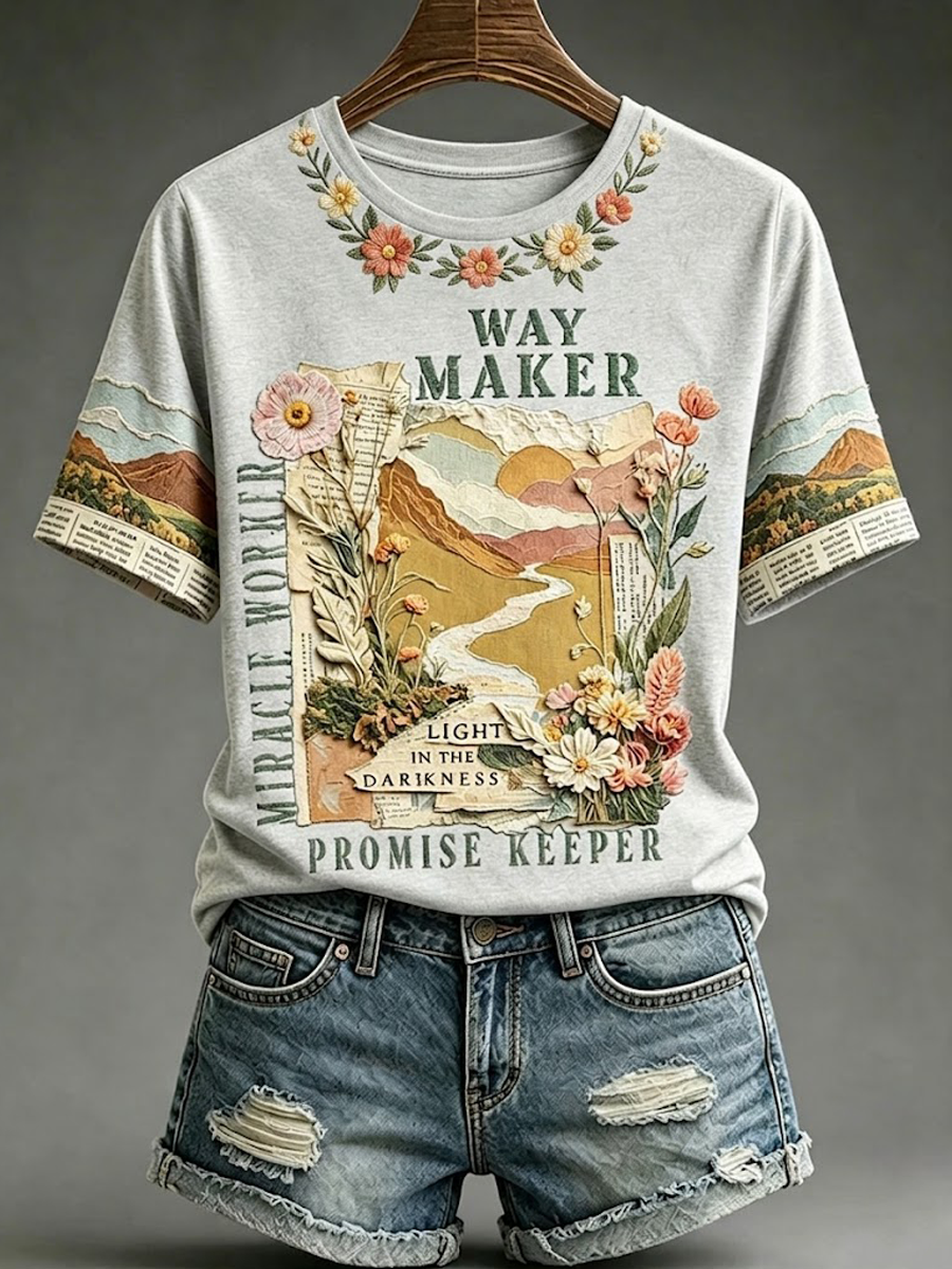 Women'S Retro Faith Printed Round Neck T-Shirt
