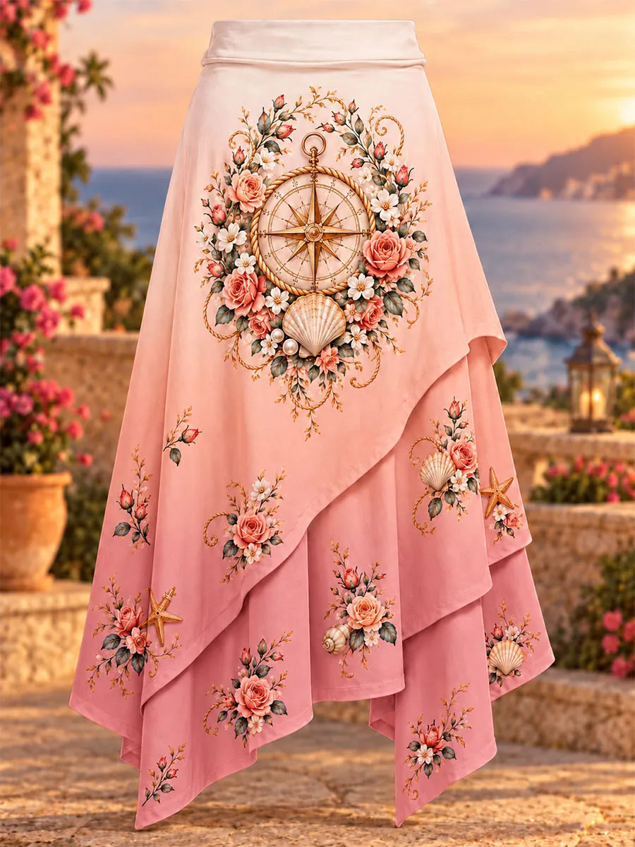 Compass Seashell Rose Print Asymmetrical Skirt
