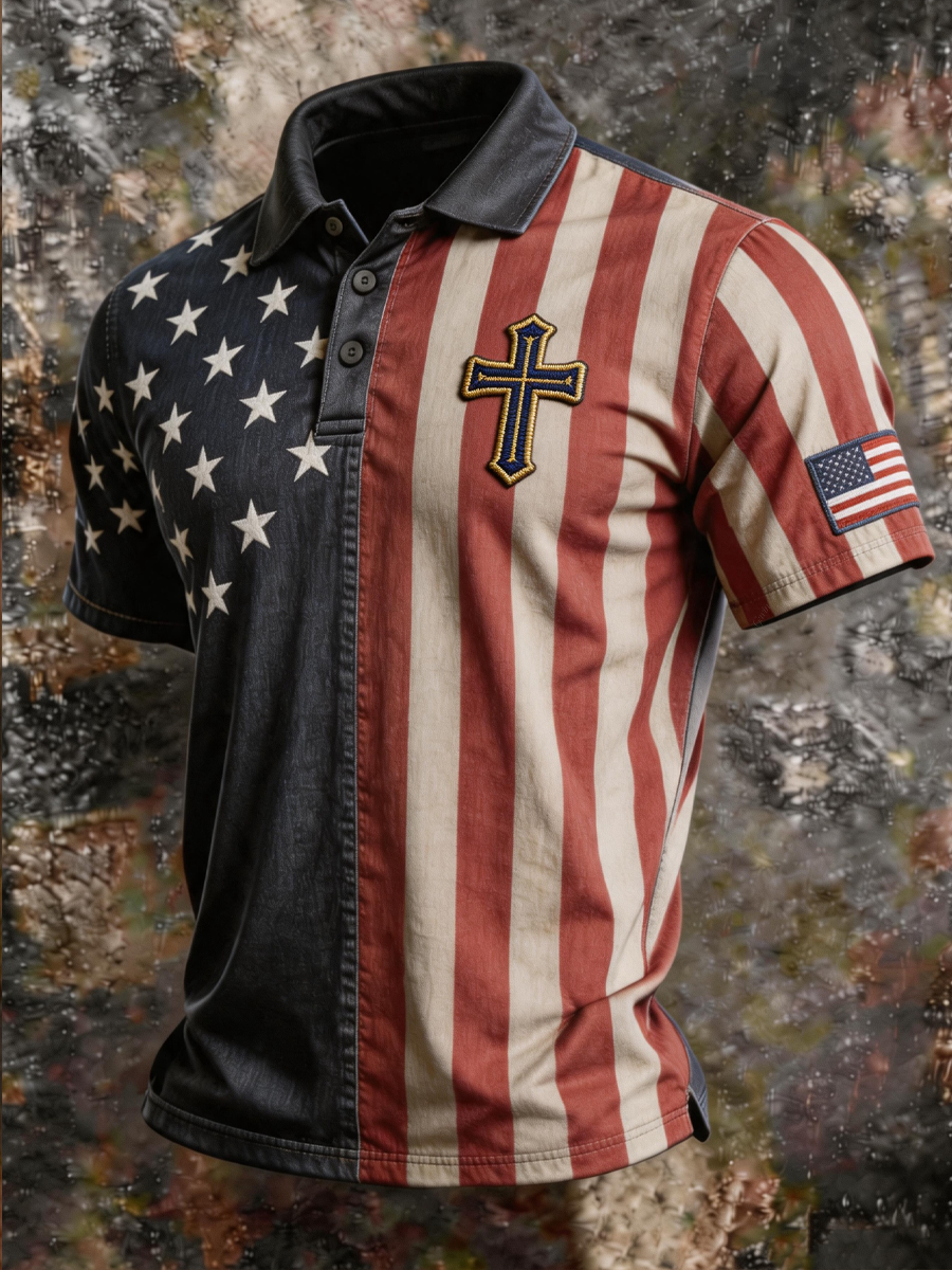 Men'S Retro American 250Th Anniversary Cross Print Polo Shirt